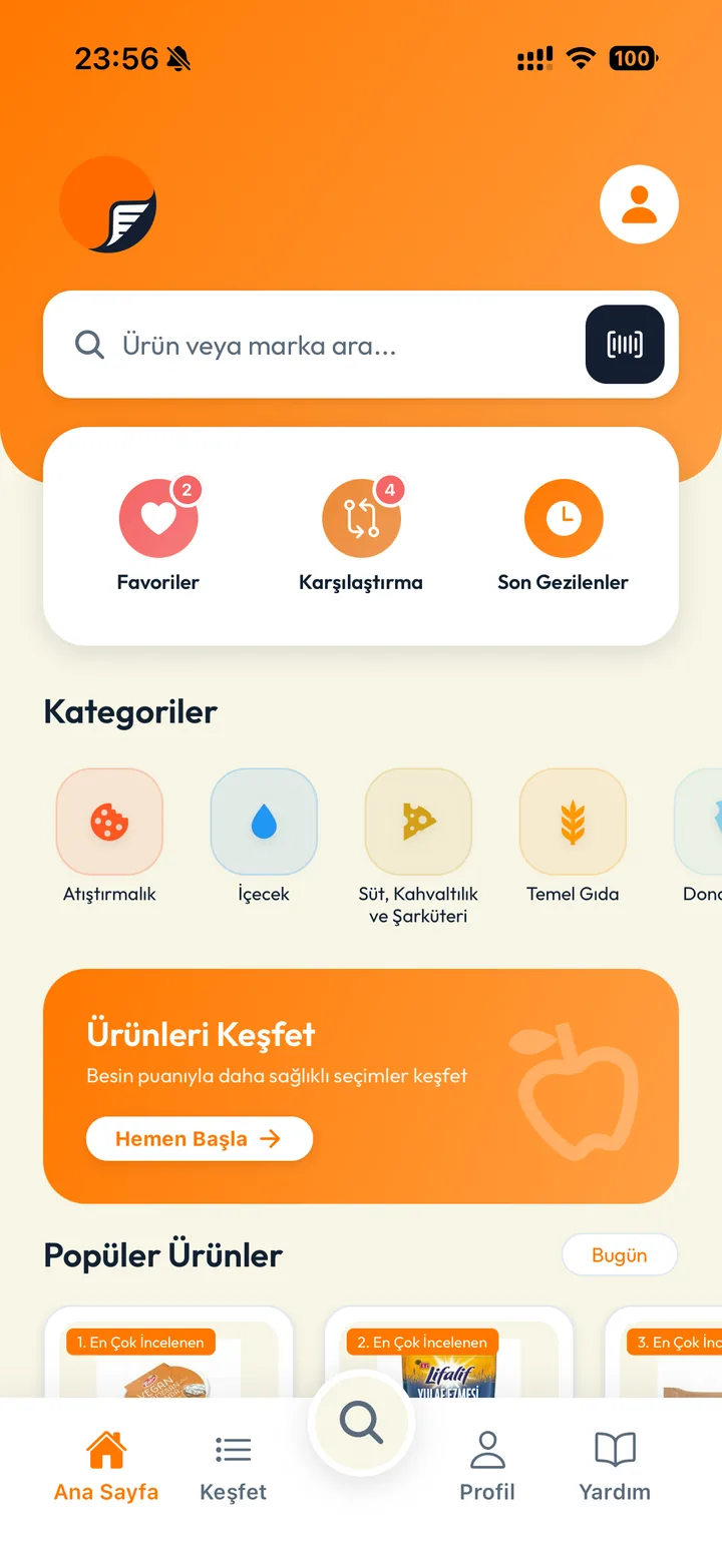 Besin home screen with search and product discovery options